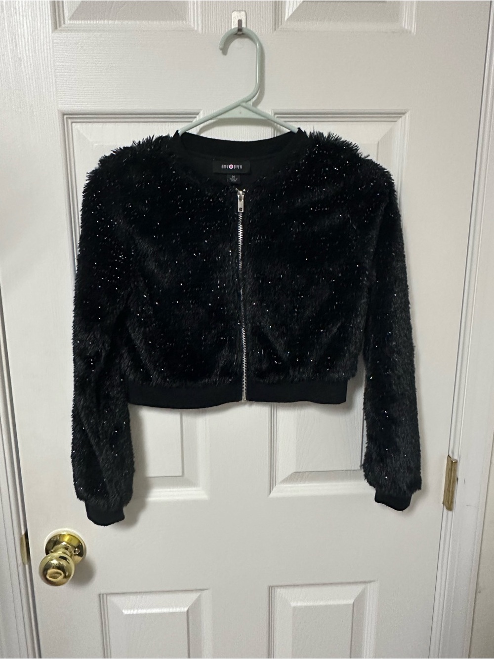 Amy Byer Black Sparkle Faux-Fur Cropped Jacket